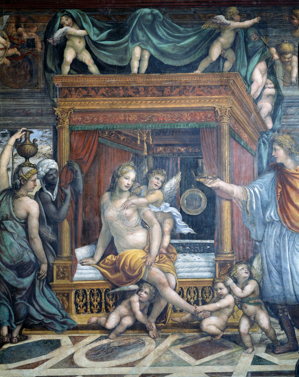 La Sala delle Nozze di Alessandro e Rossana detalle de Roxanne en su dormitorio siendo presentada con una corona por Alejandro (detalle) de Giovanni Antonio Bazzi Sodoma