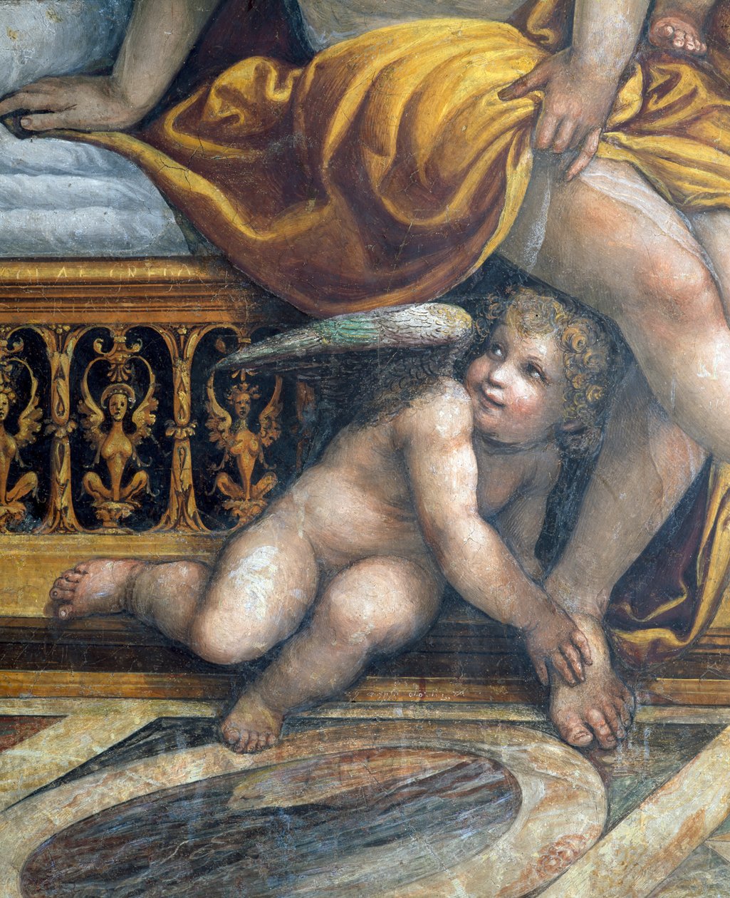 La Sala delle Nozze di Alessandro e Rossana detalle de un putto escondiéndose junto a los pies de Roxanne (detalle) de Giovanni Antonio Bazzi Sodoma