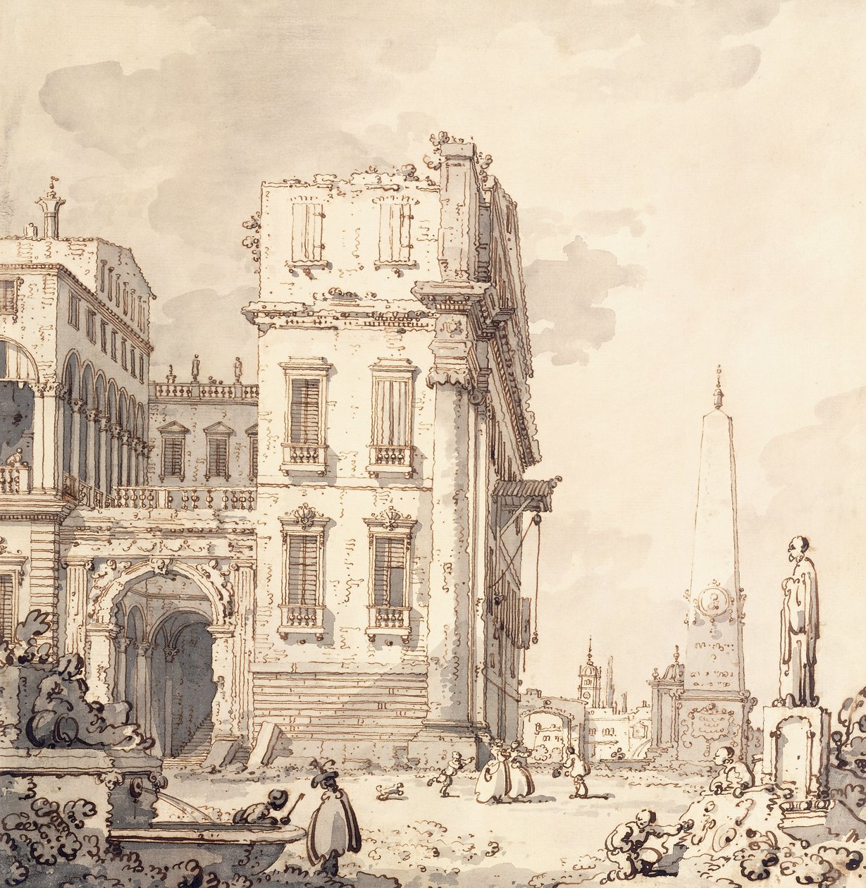 Un capricho de un palacio veneciano con vista a una plaza con un obelisco de Giovanni Antonio Canal