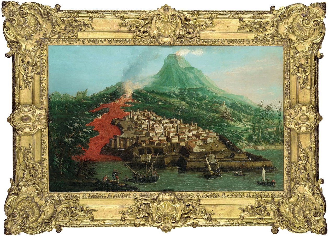 Una isla volcánica con un puerto y barcos de Giovanni Antonio Canal