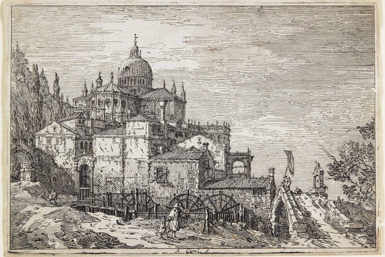 Paisaje con una Iglesia, Casas y un Molino de Giovanni Antonio Canal