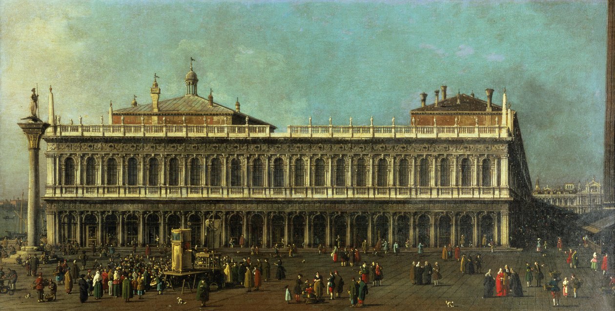 La Biblioteca y la Piazzetta, Venecia, mirando al oeste con numerosas figuras y un espectáculo de marionetas, c.1740 de Giovanni Antonio Canal