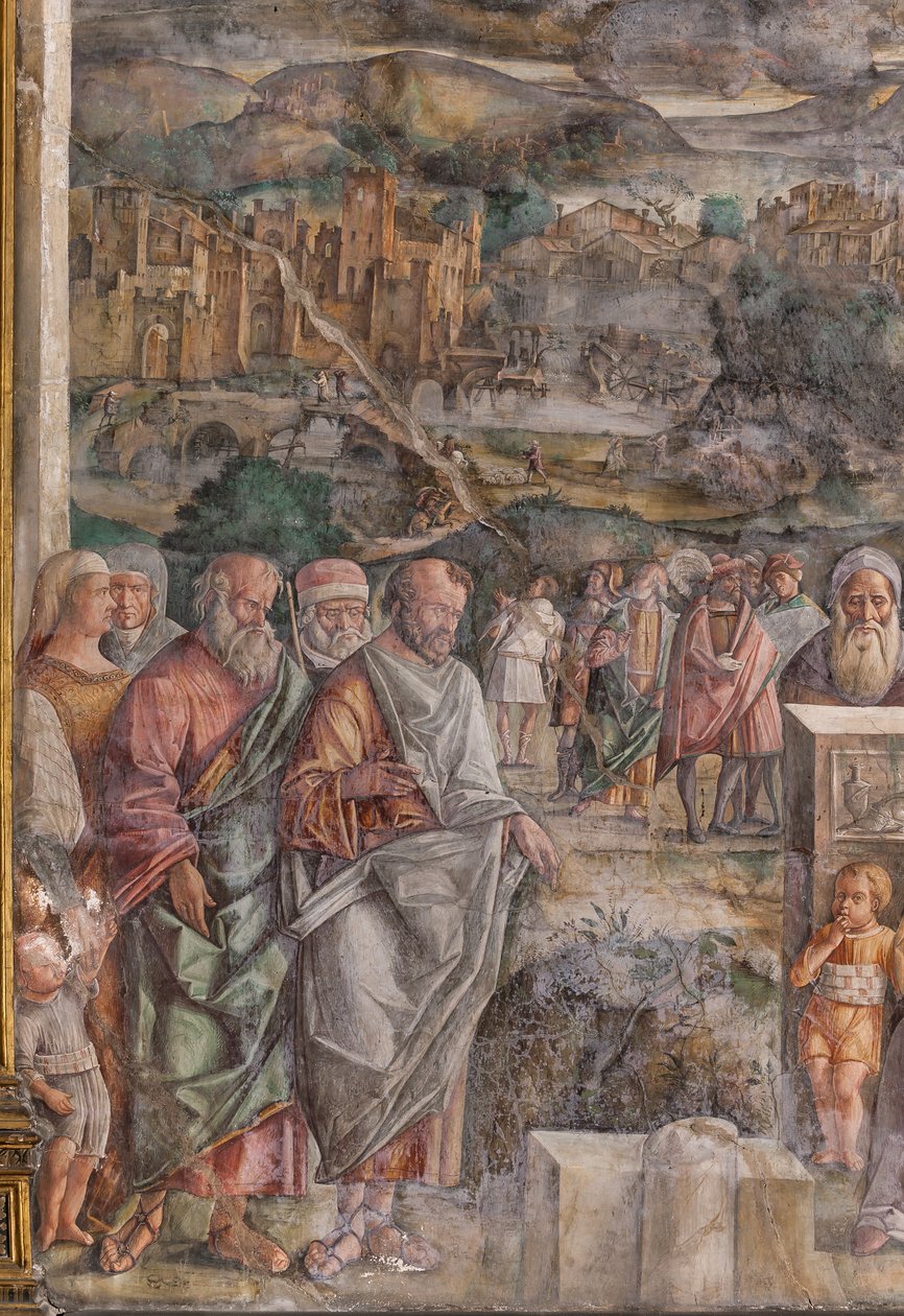 San Antonio llegando a Padua, donde restablece la paz entre los ciudadanos con la fuerza y la dulzura de su predicación, Escuela del Santo, detalle de 2196876 de Giovanni Antonio Corona