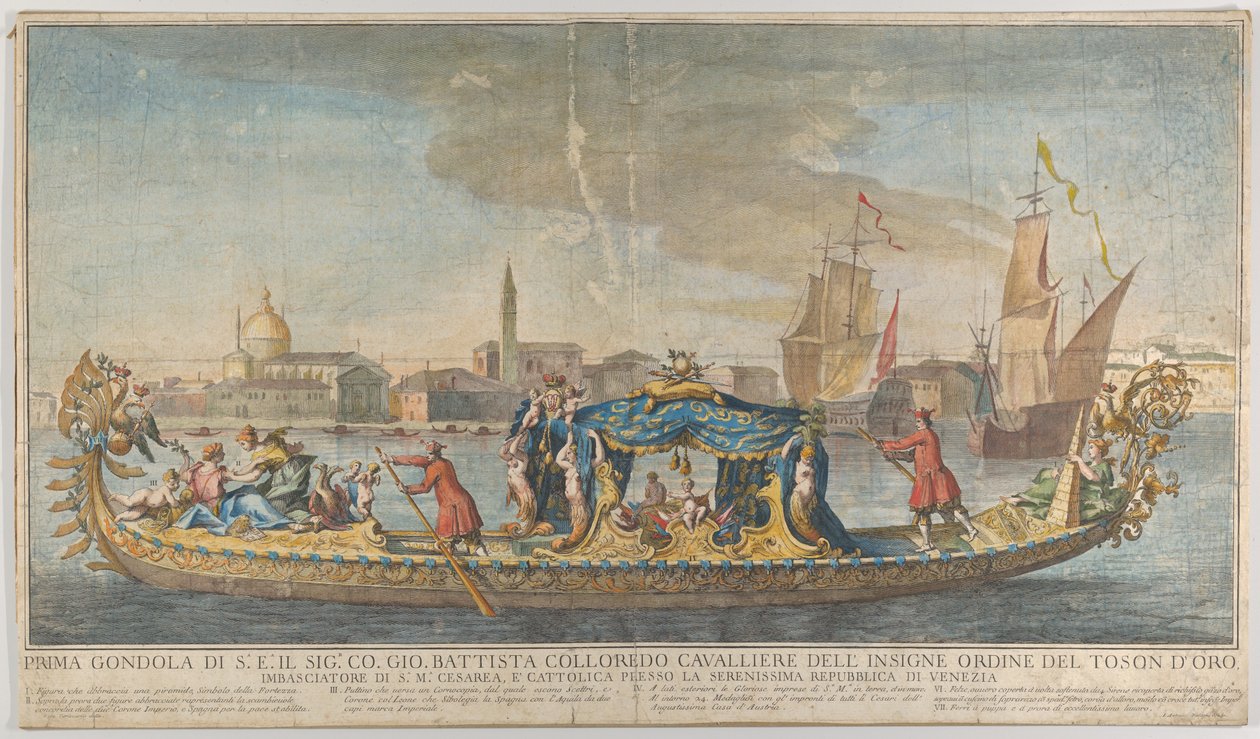 La primera góndola ornamentada del embajador Giovanni Battista Colloreado entrando de Giovanni Antonio Faldoni