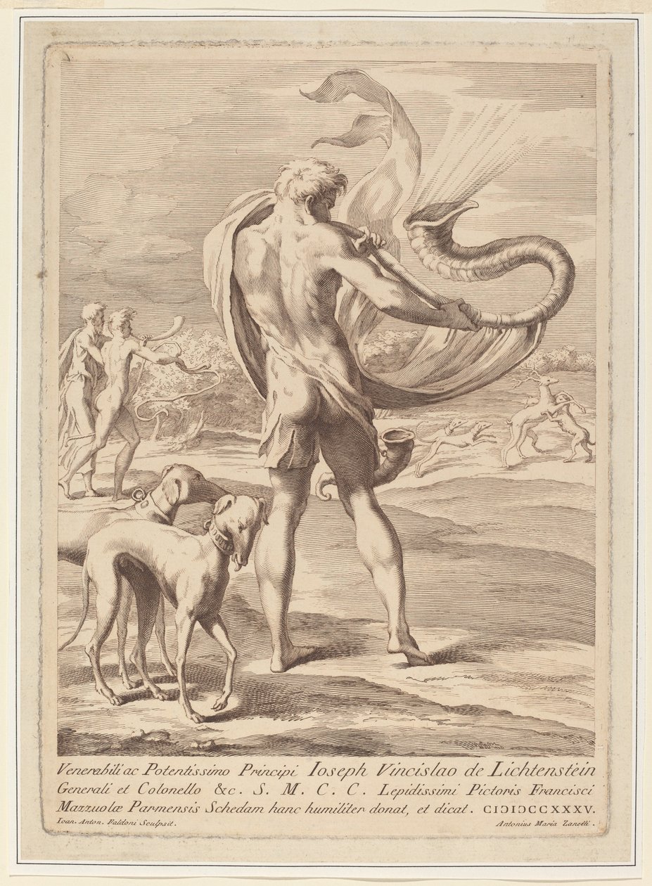 Hombre Desnudo Soplando una Concha de Giovanni Antonio Faldoni after Parmigianino