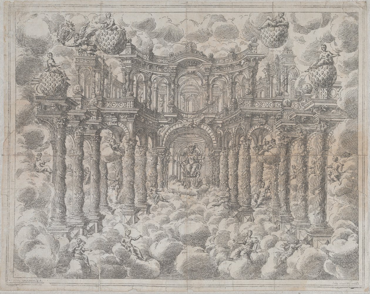 Placa 2 [contraprueba]: Escenario con figuras alegóricas sentadas entre las nubes de Giovanni Antonio Lorenzini