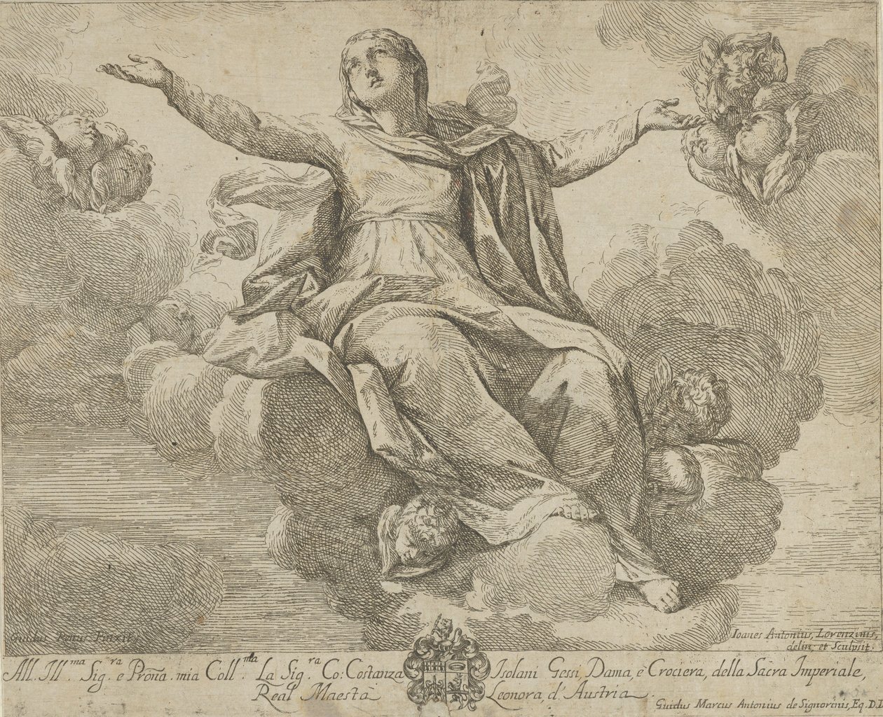 La Asunción de la Virgen, sentada en las nubes con los brazos extendidos, ángeles, 1685-1720 de Giovanni Antonio Lorenzini