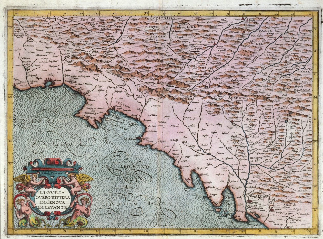 Mapa de la región de Liguria oriental, por Giovanni Antonio Magini, Bolonia, grabado en cobre de Giovanni Antonio Magini