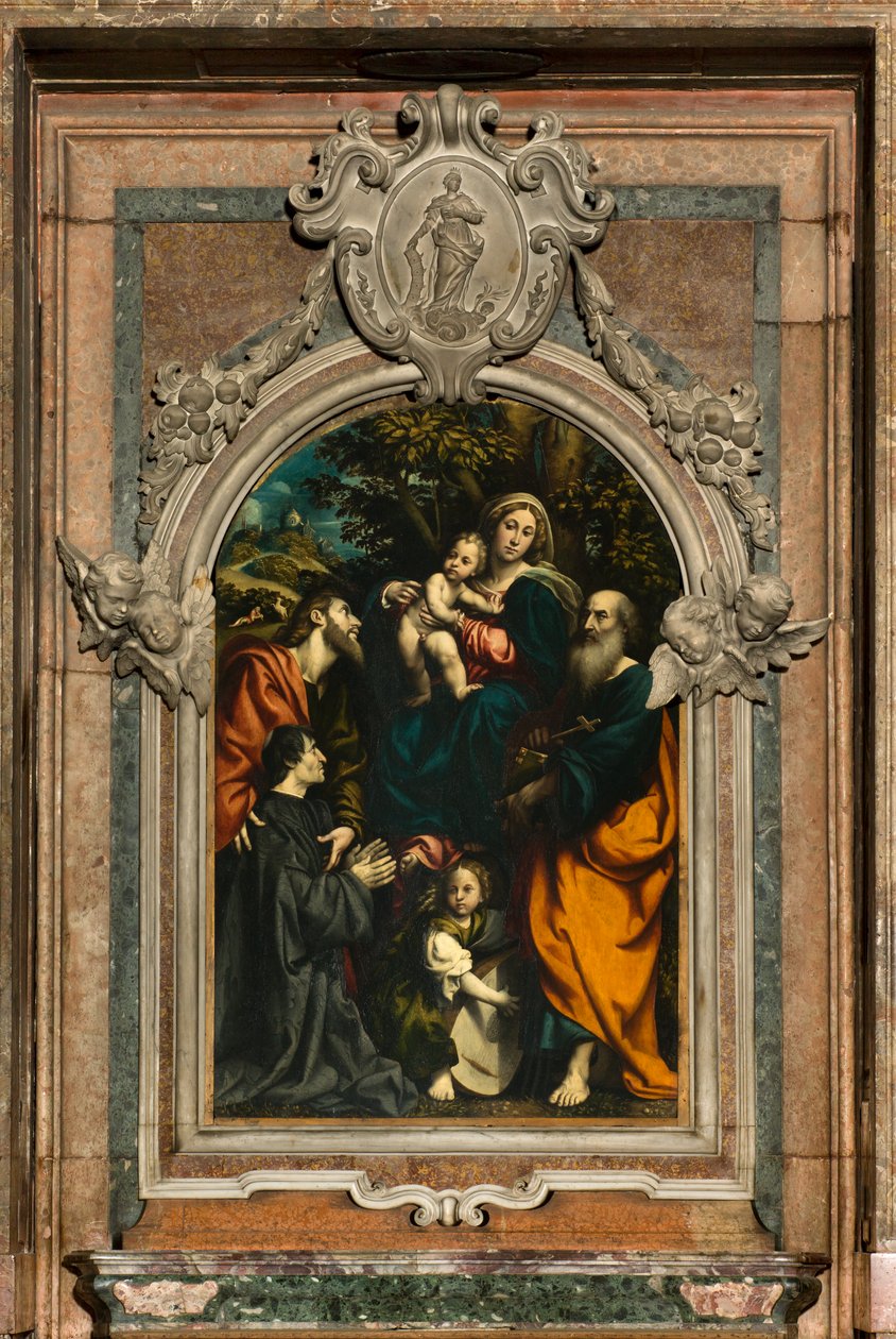 Altar de Santa Catalina, Madonna y Niño entre los Santos Felipe y Santiago y el donante Giacomo Schizzi de Giovanni Antonio Pordenone
