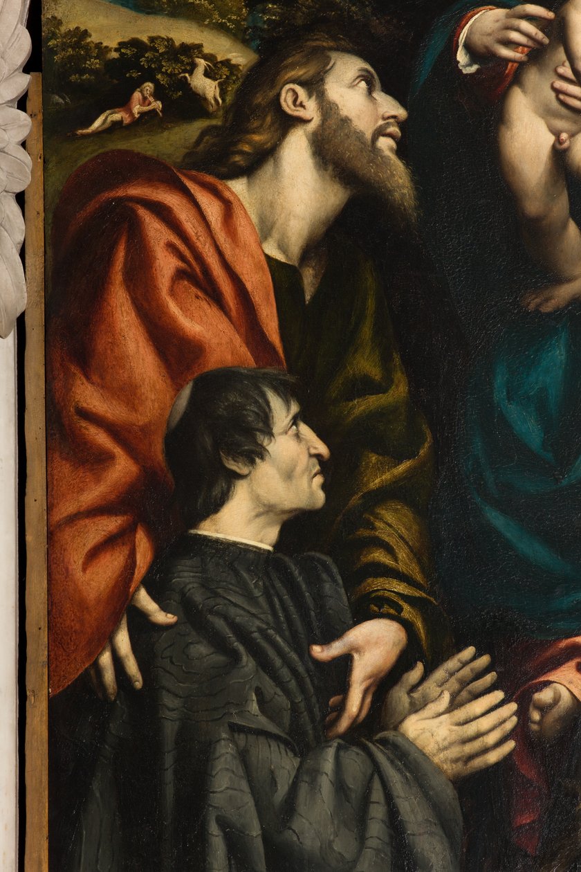 Altar de Santa Catalina, Madonna y Niño entre los Santos Felipe y Santiago y el donante Giacomo Schizzi (detalle) de Giovanni Antonio Pordenone