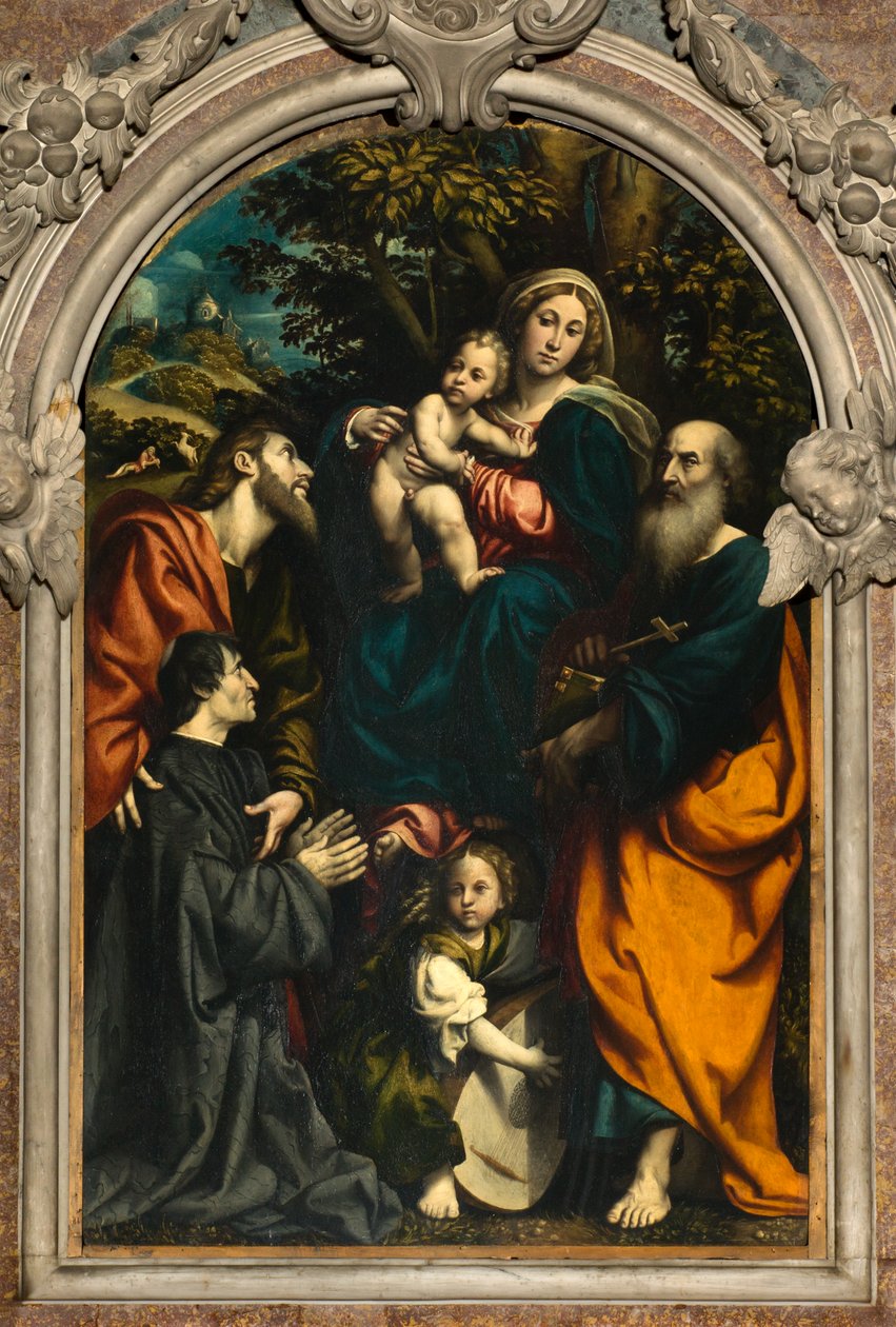 Altar de Santa Catalina, Virgen con el Niño entre los santos Felipe y Santiago y el donante Giacomo Schizzi de Giovanni Antonio Pordenone