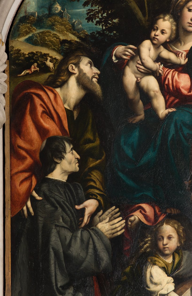 Altar de Santa Catalina, Madonna y Niño entre los Santos Felipe y Santiago y el donante Giacomo Schizzi, Il Pordenone 1522 (detalle) de Giovanni Antonio Pordenone