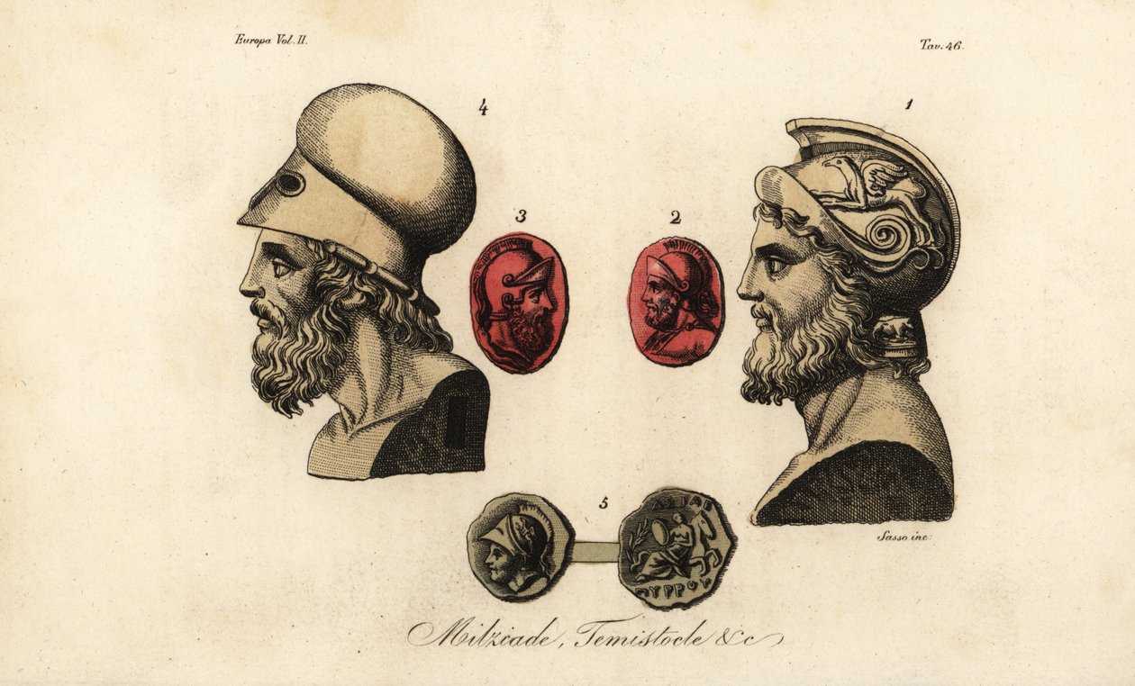 Bustos y gemas de los políticos atenienses Milcíades el Joven 1,2, Temístocles 3,4, y el rey Pirro I 5 de Giovanni Antonio Sasso