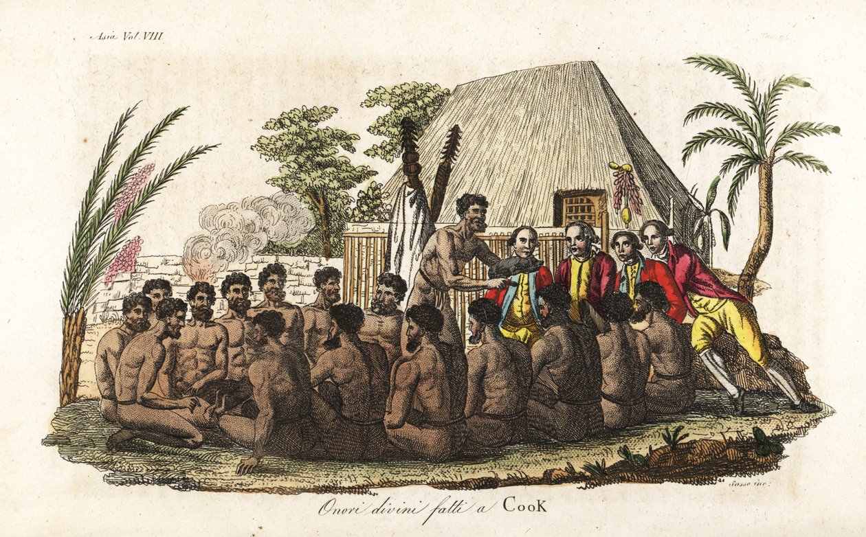 Nativos hawaianos ofrecen un cerdo en sacrificio al capitán James Cook ante 12 sacerdotes y un ídolo de madera en la casa sagrada de Orono. Grabado en cobre coloreado a mano por Sasso según John Webber de la obra de Giulio Ferrario Trajes antiguos y modern de Giovanni Antonio Sasso
