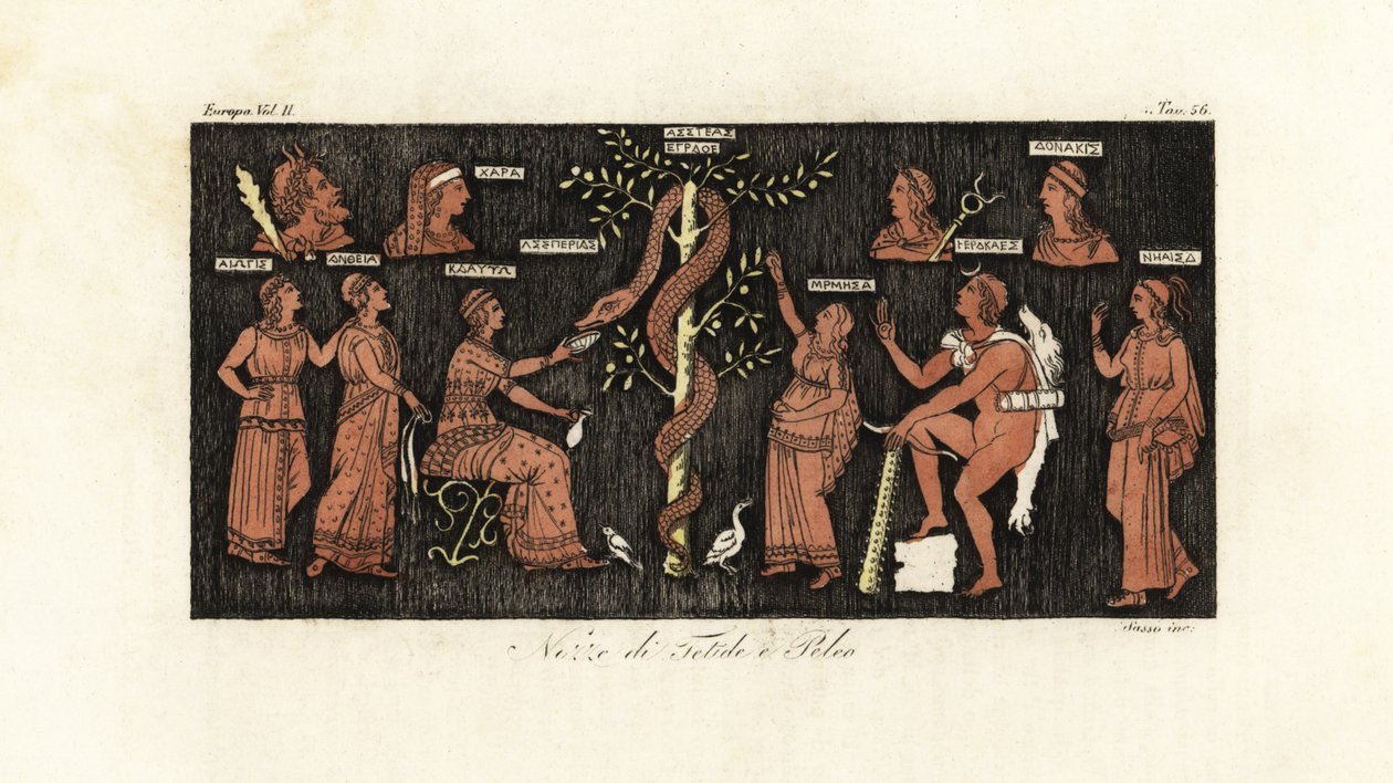 Heracles en su undécimo trabajo, cogiendo manzanas de oro del Jardín de las Hespérides custodiado por la serpiente Ladón de Giovanni Antonio Sasso