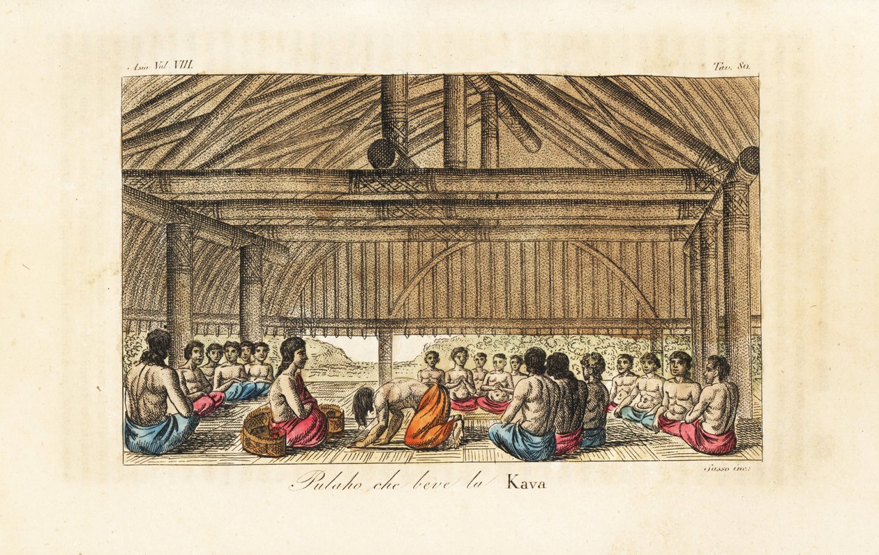 El rey Polaho bebiendo kava en una casa larga, Tonga (Islas Amistosas). Grabado en cobre coloreado a mano por Sasso según John Webber de la obra de Giulio Ferrario Trajes antiguos y modernos de todos los pueblos del mundo, Florencia, Italia. de Giovanni Antonio Sasso