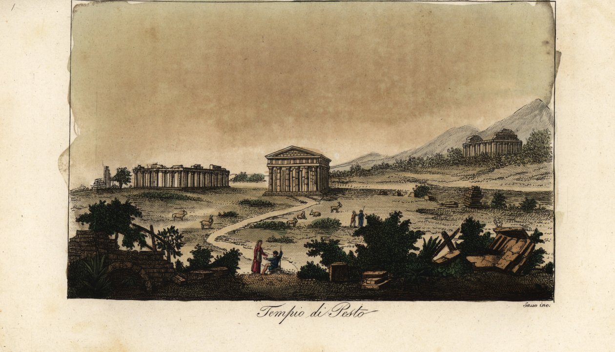 Vista de los antiguos templos griegos de Hera en Paestum, Italia de Giovanni Antonio Sasso