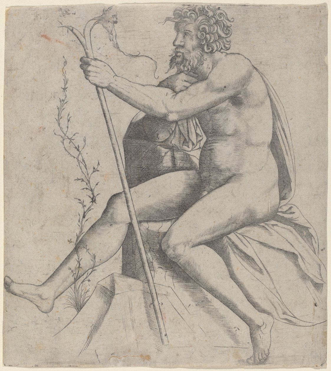 Hombre sentado sosteniendo un bastón bifurcado de Giovanni Antonio da Brescia