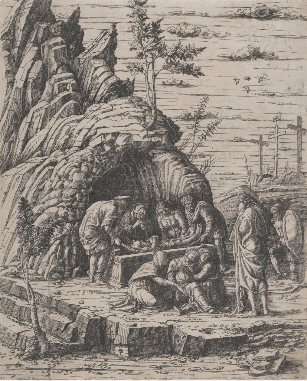 El Entierro de Cristo siendo bajado por dos hombres a una tumba de piedra, ca. 1470-1500 de Giovanni Antonio da Brescia