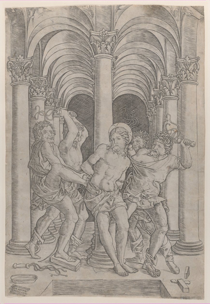 La flagelación de Cristo atado a una columna en el centro dentro de una arcada, 1509 de Giovanni Antonio da Brescia