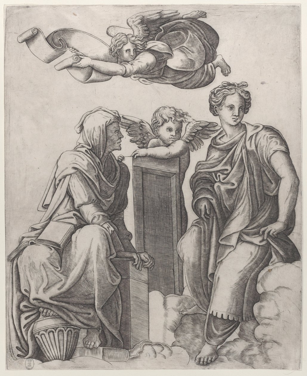 Dos figuras femeninas sentadas en las nubes flanqueando a un ángel y otro volando arriba..., ca. 1510-25 de Giovanni Antonio da Brescia