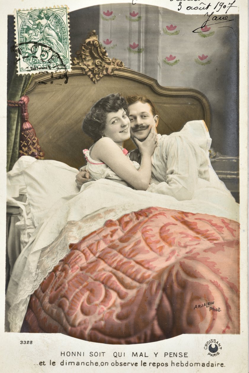 Postal: Honni soit qui mal y pense/Domingo de descanso semanal - fecha 1907 de Phillipe de Marlier
