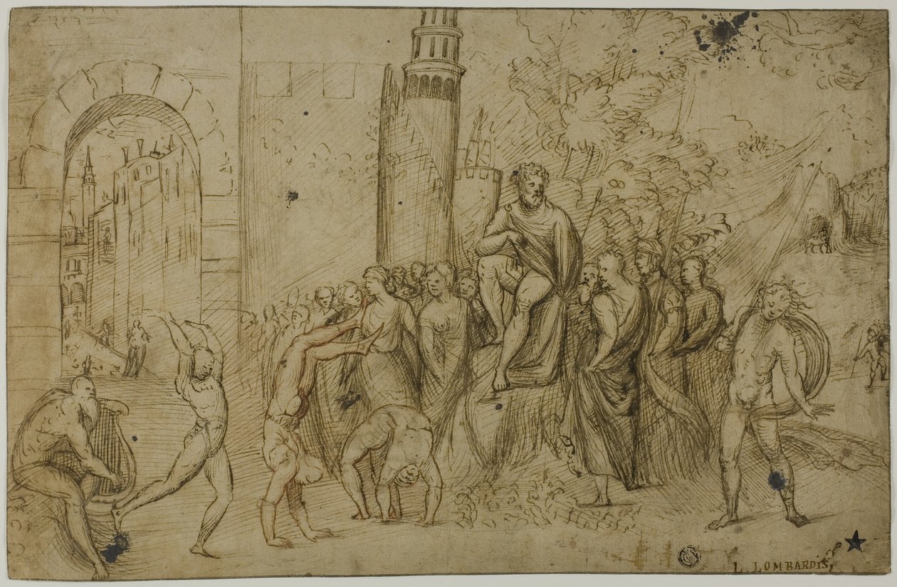 Acróbatas actuando ante una regla (anverso); Escena al aire libre con grupo de figuras (reverso) de Giovanni Antonio da Pordenone