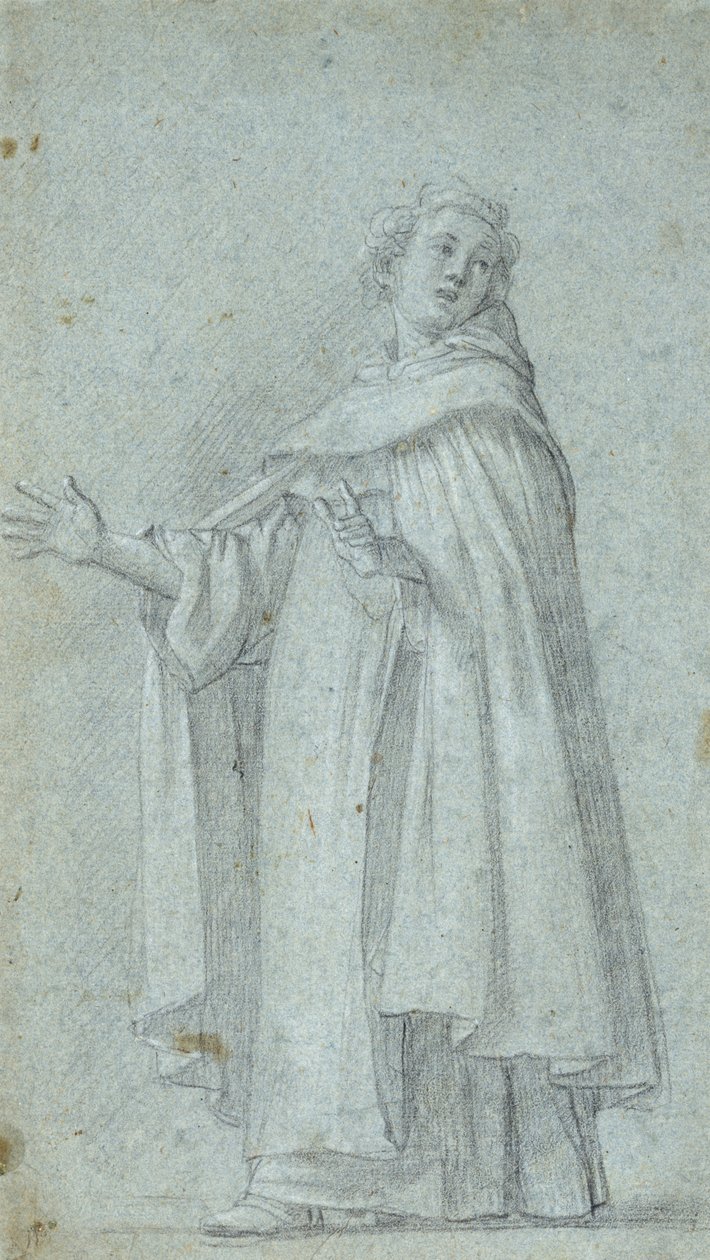 Estudio de un dominico de pie, c. 1595 (tiza negra, realzada con blanco, sobre papel azul) de Giovanni Baglione