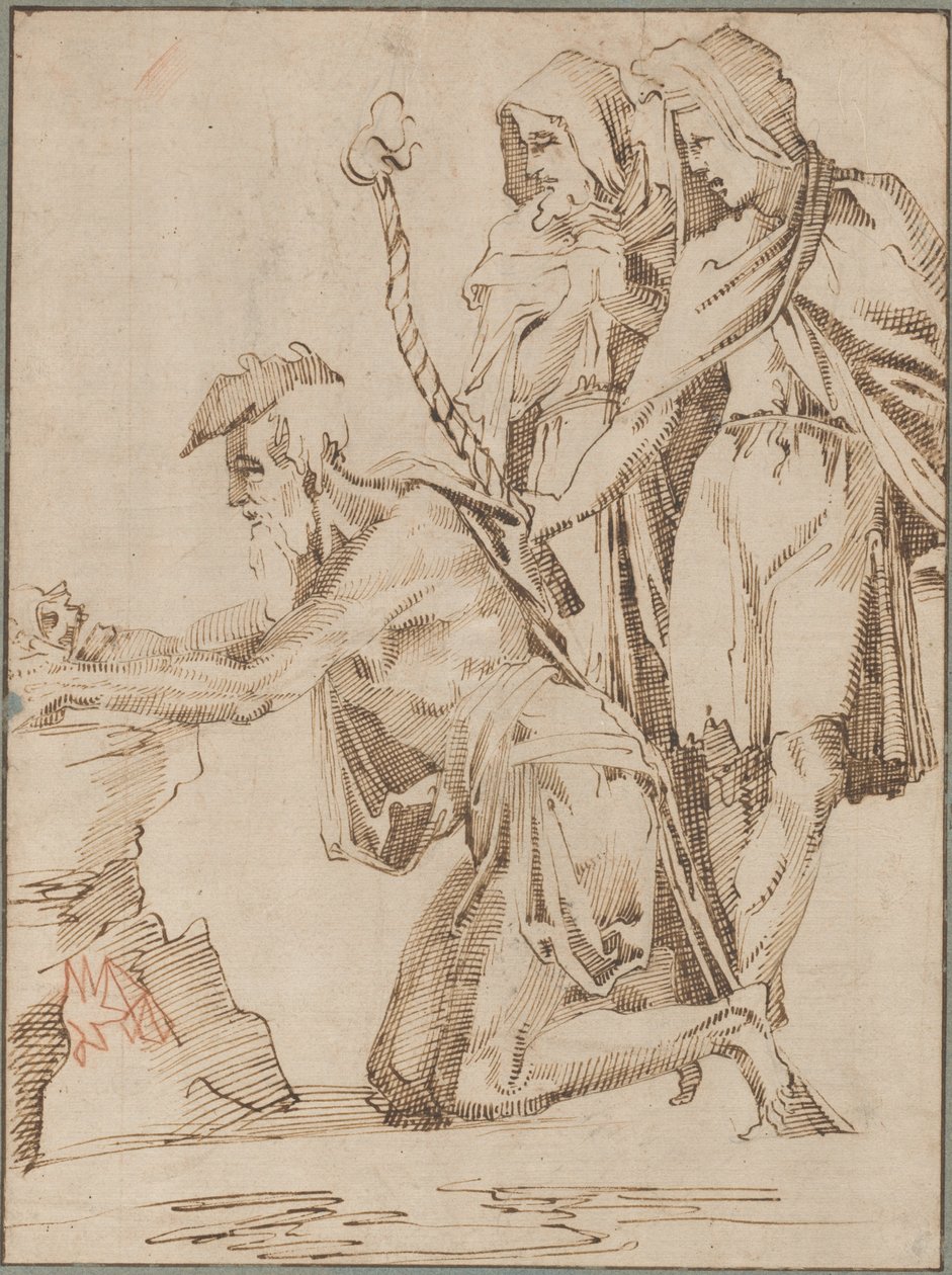 Ermitaño arrodillado y dos figuras vestidas contemplando un cráneo de Giovanni Bandini
