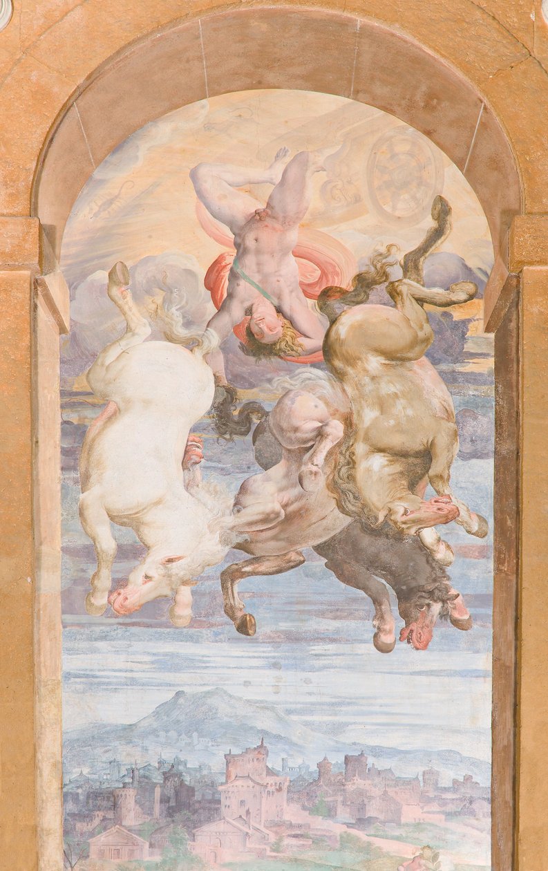 El carro del Sol conducido por Apolo en picado hacia la Tierra, muro oriental de la Logia de Apolo, c.1560 (fresco) de Giovanni Battista and Cambiaso Luca Castello