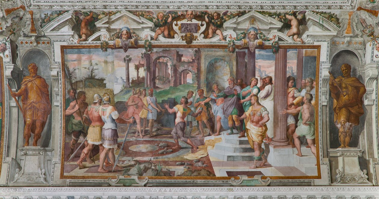 Las historias de Ulises: detalle del juego de lanzamiento de piedras en la corte de los Feacios, c.1560 (fresco) (detalle de 3606285) de Giovanni Battista Castello