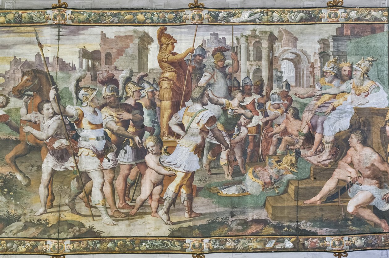 Ulises y Áyax compitiendo por la armadura de Aquiles ante los tribunales, Sala de Ulises, detalle de 2384556 (fresco) de Giovanni Battista Castello