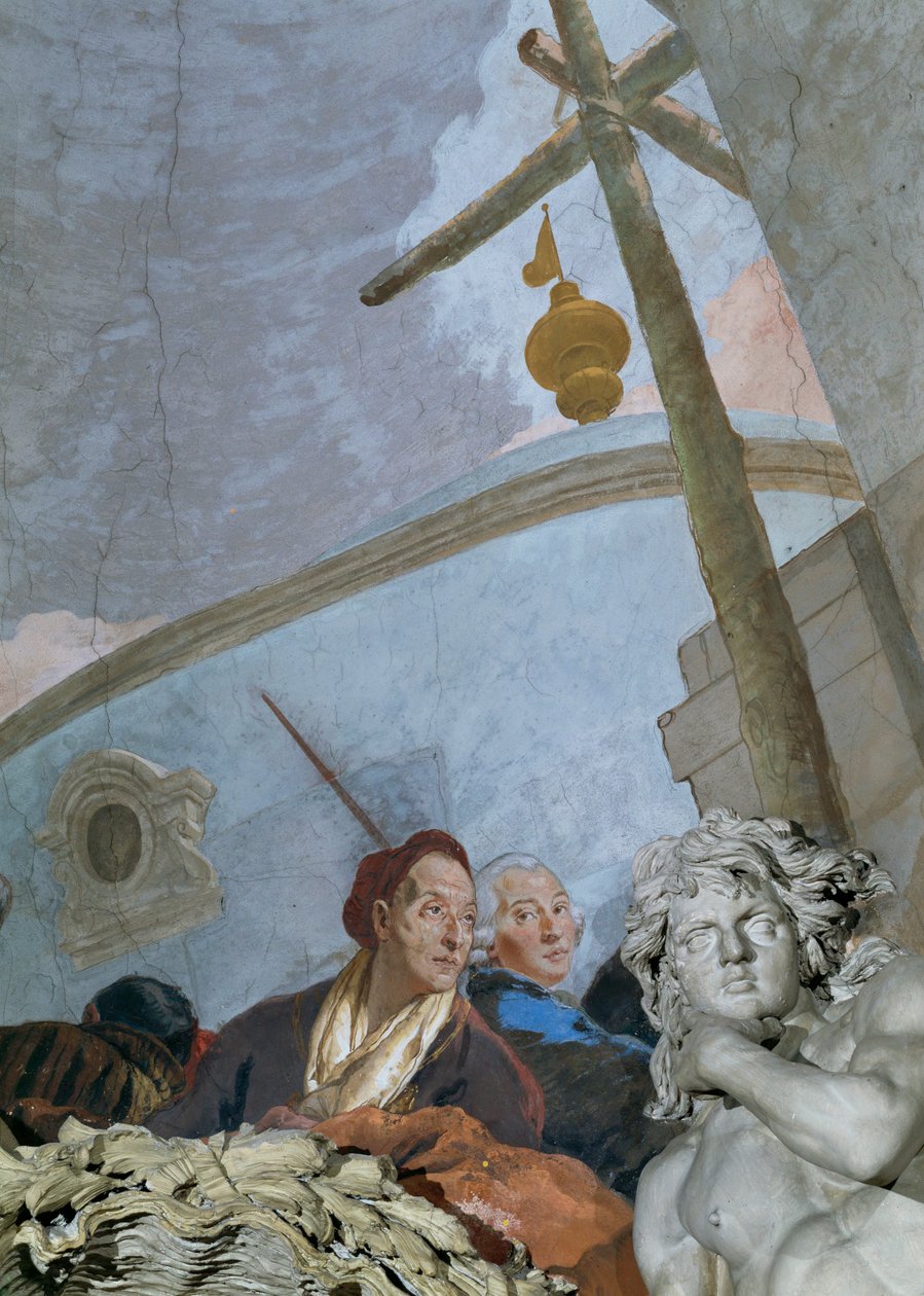 Un autorretrato muestra a un Tiepolo exhausto, muy envejecido, que se inclina sobre la cartela de la esquina ... (fresco) de Giovanni Battista (1696 1770) Tiepolo