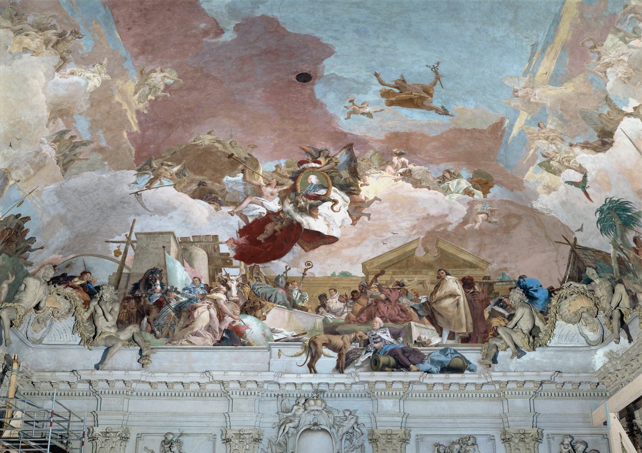 Apoteosis del obispo Carl Philipp von Greiffenklau y la sección Europa del fresco del techo ... (fresco) de Giovanni Battista (1696 1770) Tiepolo