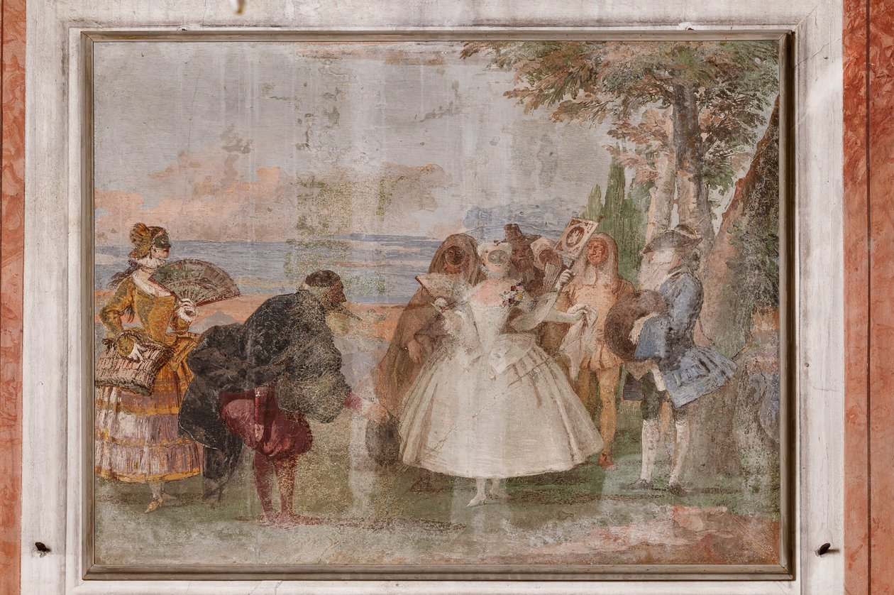 Alojamiento de los invitados, la Sala de las Escenas de Carnaval: "Pantalone y Columbina", una escena con máscaras de Giovanni Battista Tiepolo