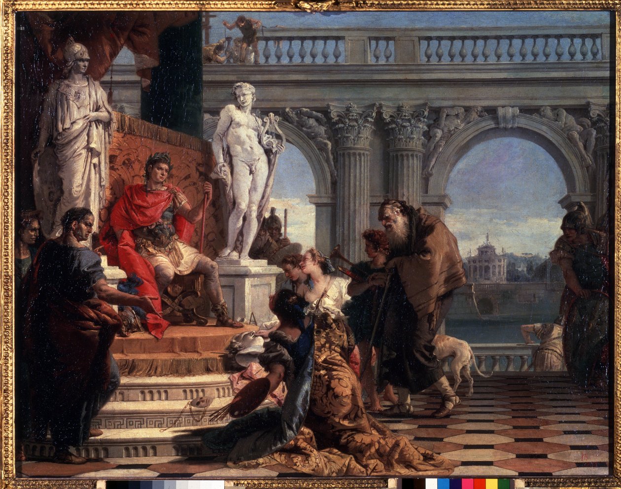 Mecenas presentando las artes a Augusto. Caius Cilnius Mecenas (o Mecene) (circa 70 BC-8 BC) político romano que dedicó su fortuna e influencia a la promoción de las artes y las letras entre de Giovanni Battista Tiepolo