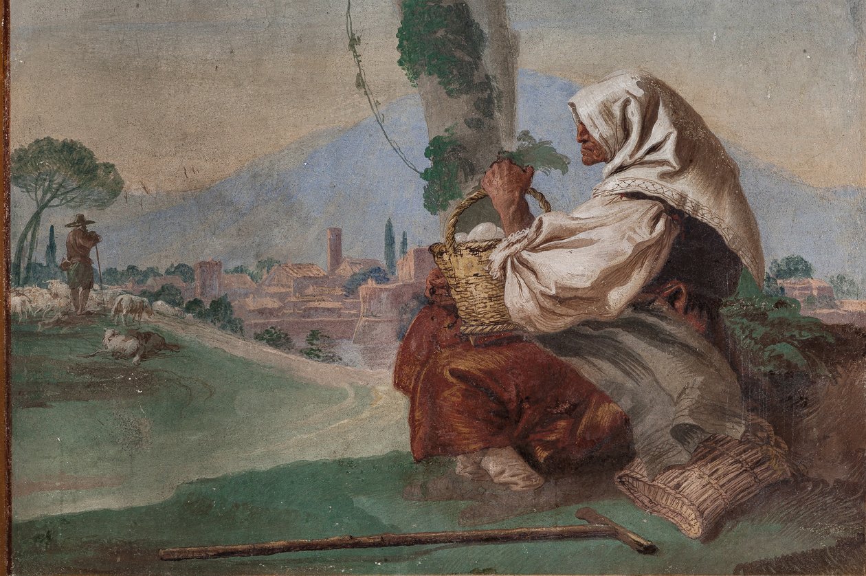 Vieja campesina con una cesta de huevos, de la "Foresteria" (Casa de huéspedes) de Giovanni Battista Tiepolo