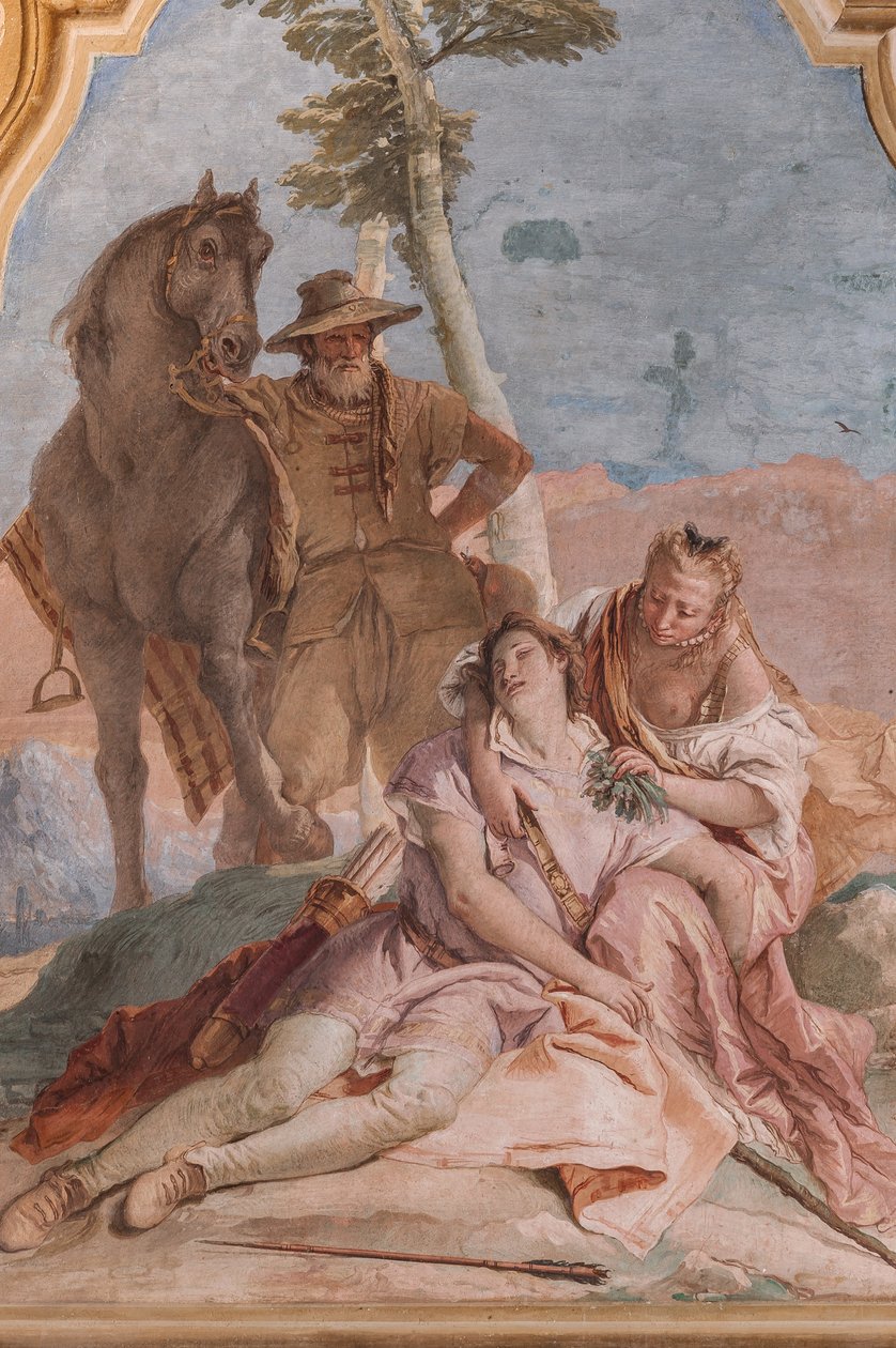Palazzina (Edificio pequeño): segunda sala o habitación de Ariosto con frescos que representan episodios de "Orlando Furioso": "Angélica cuida de las heridas de Medoro" de Giovanni Battista Tiepolo