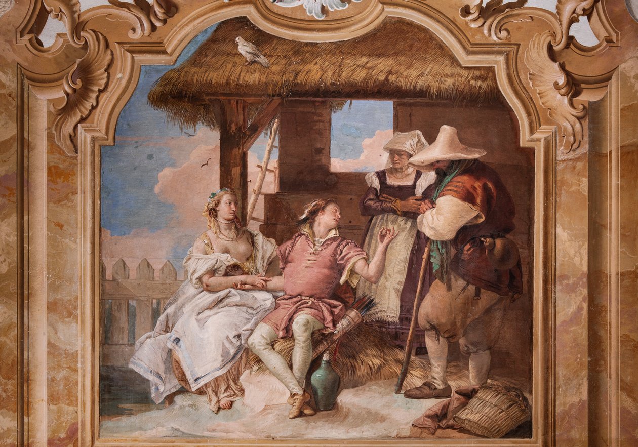 Palazzina (Edificio pequeño): segunda sala o habitación de Ariosto con frescos que representan episodios de "Orlando Furioso": "Angélica y Medoro en la casa de los pastores" de Giovanni Battista Tiepolo