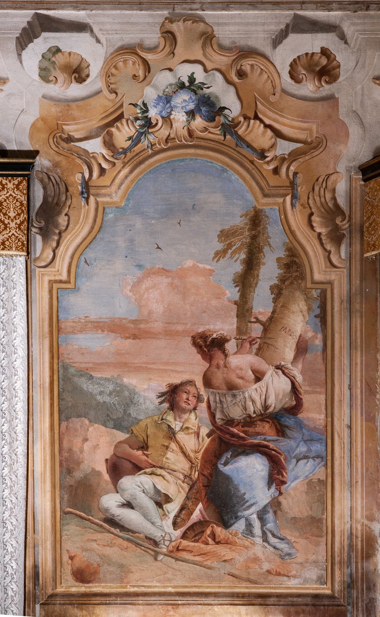 Palazzina (Edificio pequeño): segunda sala o habitación de Ariosto con frescos que representan episodios de "Orlando Furioso": "Angélica y Medoro graban sus nombres en la corteza de las plantas" de Giovanni Battista Tiepolo
