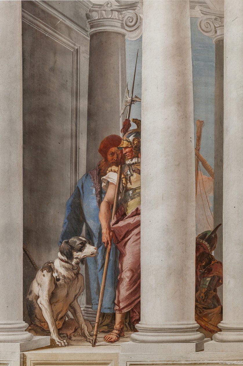 Palazzina (edificio pequeño), el vestíbulo de entrada: "La flota griega en Aulide", detalle que representa un perro y un soldado de Giovanni Battista Tiepolo