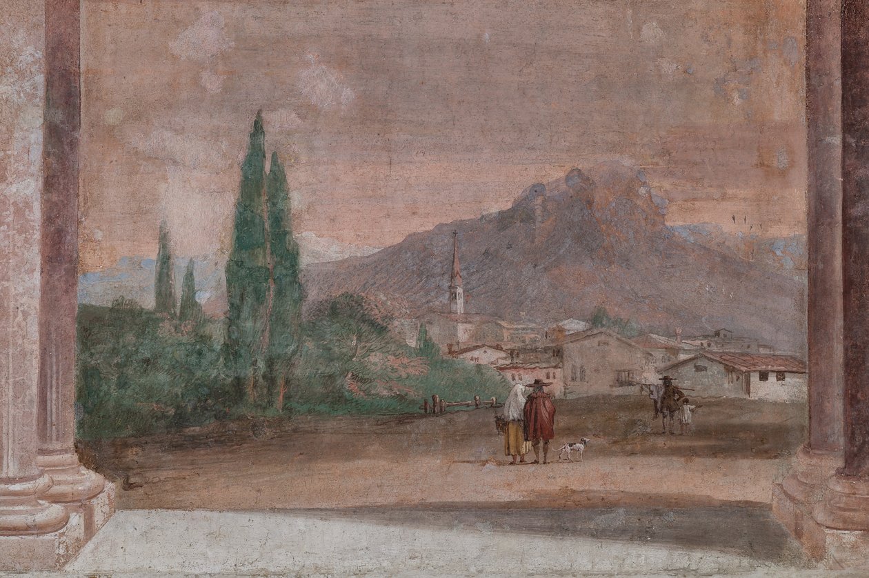 Palazzina (edificio pequeño): vista de la primera sala y de sus frescos que representan episodios de la Ilíada: "Cupido con flechas volando sobre un paisaje veneciano", detalle relativo al paisaje de Giovanni Battista Tiepolo