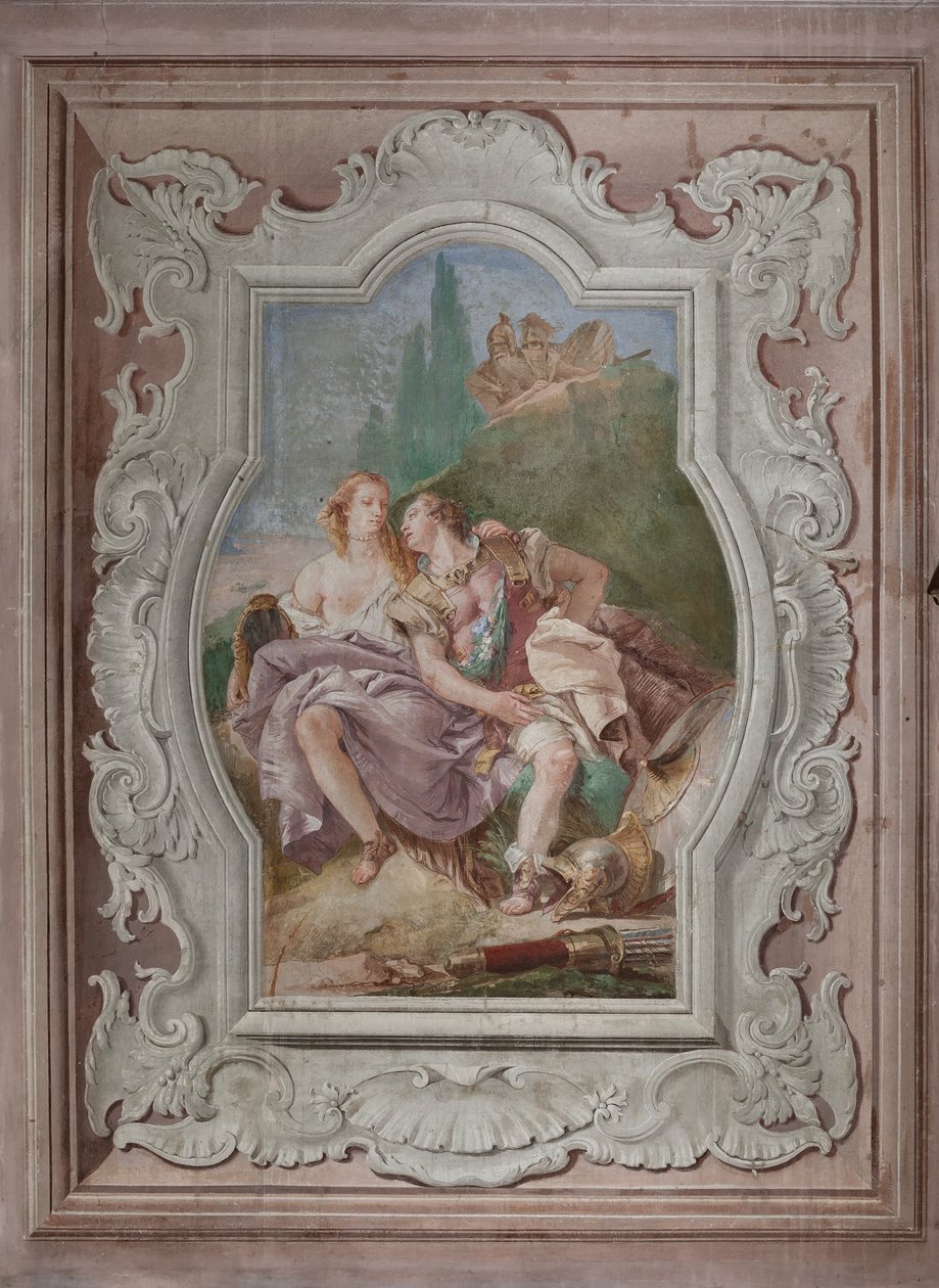 Palazzina (Pequeño Edificio): vista de la cuarta sala o de Torquato Tasso, con freescoes que representan episodios de "Jerusalén Entregada": "Rinaldo y Armida en el jardín encantado, observados secretamente por Ubaldo y Carlo" de Giovanni Battista Tiepolo