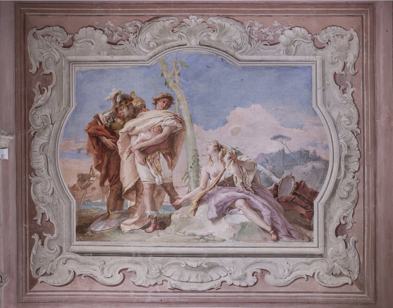 Palazzina (Pequeño Edificio): vista de la cuarta sala o de Torquato Tasso, con freescoes que representan episodios de "Jerusalén entregada": "Rinaldo, escoltado por Ubaldo y Carlo, abandona a Armida" de Giovanni Battista Tiepolo