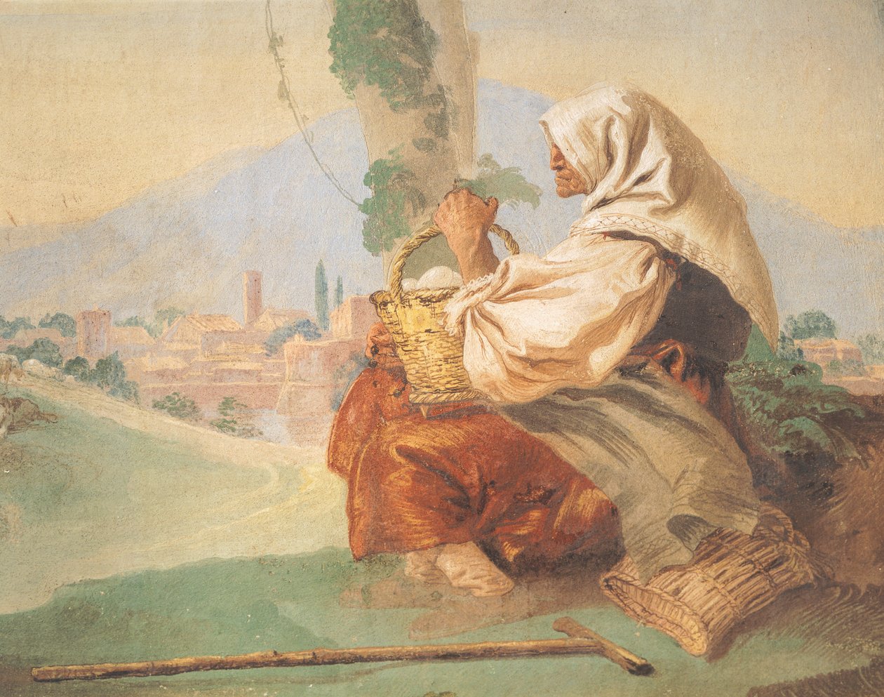 Paisaje con campesino y un anciano sentado, su cabeza cubierta por un hombre ensangrentado que oculta su rostro de Giovanni Battista Tiepolo