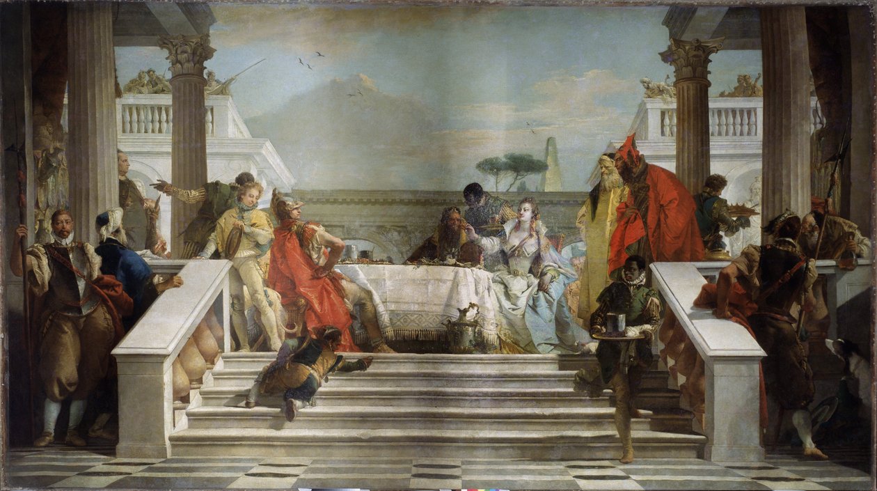 Fiesta de Cleopatra. La reina egipcia (69-30 a. C.) probablemente esté representada con el político y general romano Marco Antonio (Marco Antonio, 83-30 a. C.). (Fiesta de Cleopatra). Pintura de Giambattista Tiepolo (1696-1770). Óleo sobre t de Giovanni Battista Tiepolo
