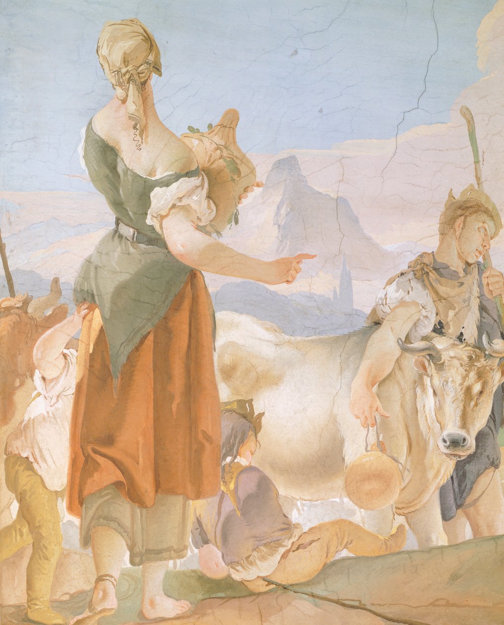 Raquel escondiendo ídolos, fresco, detalle, Palacio Arzobispal en Udine de Giovanni Battista Tiepolo