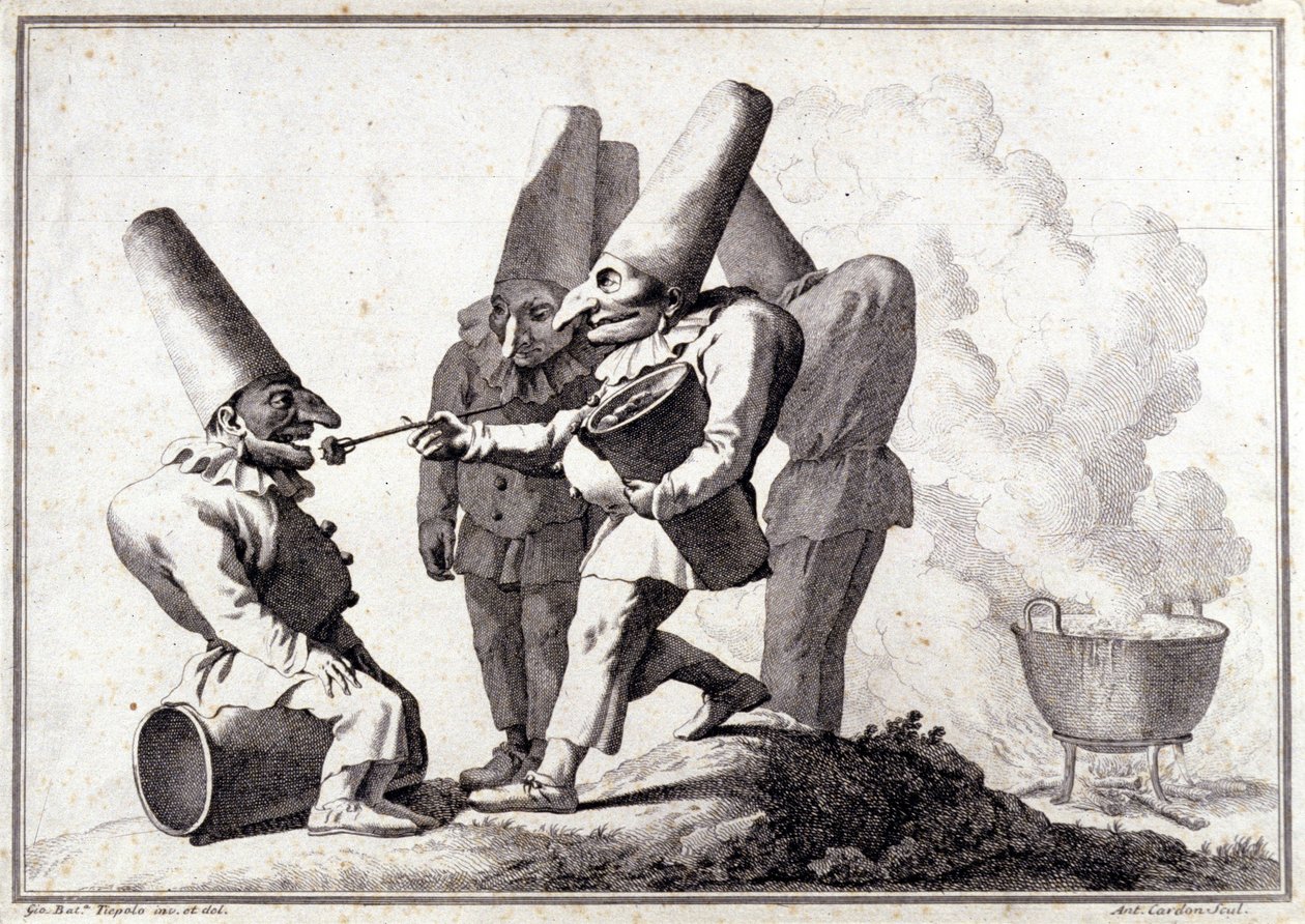 El grupo de Pulcinella (Polichinela italiano). Dibujo a pluma y lavado sobre marca de lápiz por Giovanni Battista (Giambattista) Tiepolo (1696-1770) de Giovanni Battista Tiepolo