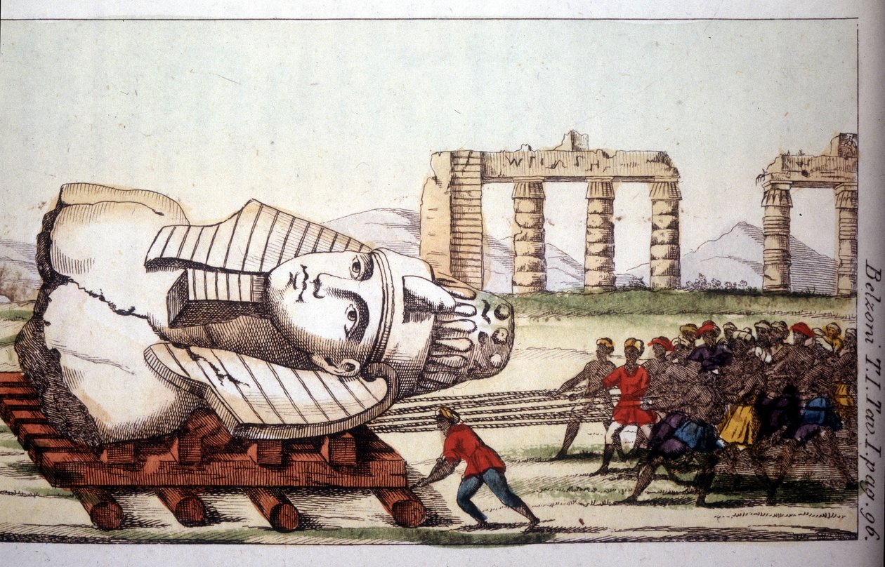 Transporte del busto de Memnón en las orillas del Nilo por Belzoni. Giovanni Battista (Gianbattista) Belzoni (1778-1823), explorador y arqueólogo italiano, hizo importantes descubrimientos arqueológicos en Egipto. Grabado en "Viaggio in Egitto e" de Giovanni Battista (after) Belzoni