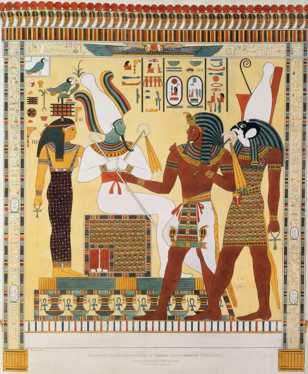 Mural de las Tumbas de los Reyes de Tebas, descubierto por G. Belzoni, placa 19 de `Placas Ilustrativas de las Investigaciones en Egipto y Nubia`, grabado por Charles Hullmandel 1820-22 de Giovanni Battista Belzoni